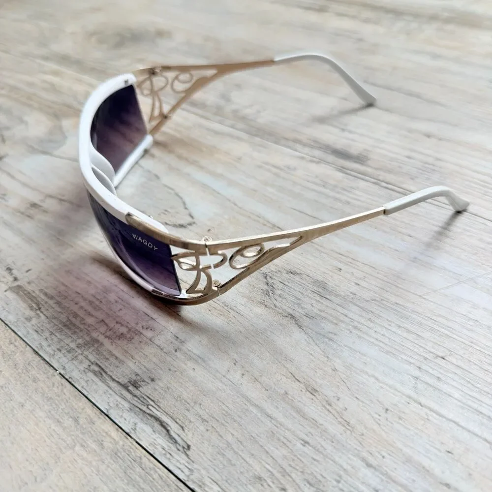 Y2K White Shield Sunglasses Rimless Silver Filigree Wraparound Futuristic WAGDY